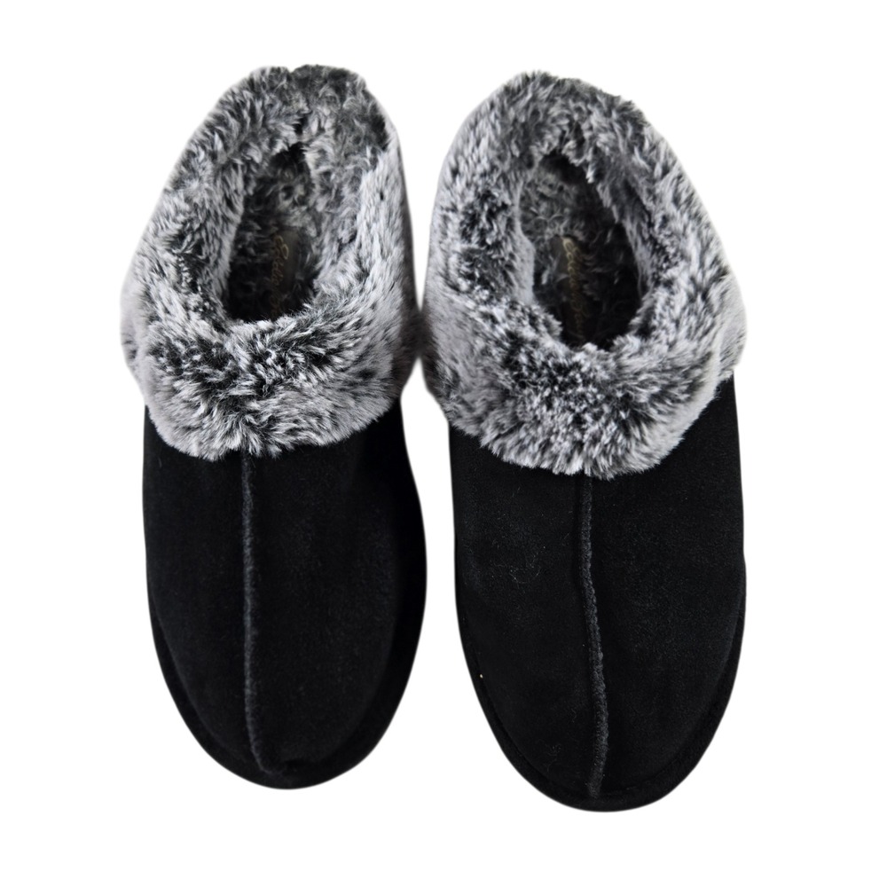 Eddie Bauer Womens 9 Black Leather Slippers Fleece Lined Black Gray